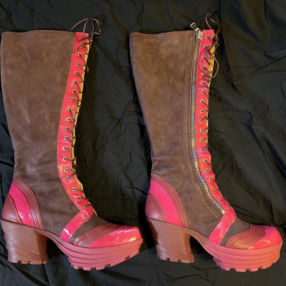 FLUEVOG MELLOW JAZZY TALL PLATFORM BOOTS SZ 10 - PINK & BURGUNDY - FLAWLESS